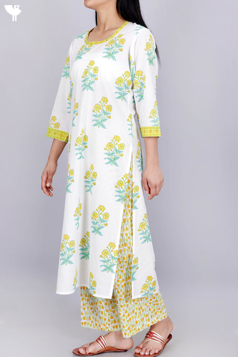 Cotton Kurta Pant Set With Kota Dupatta In Floral Block Print